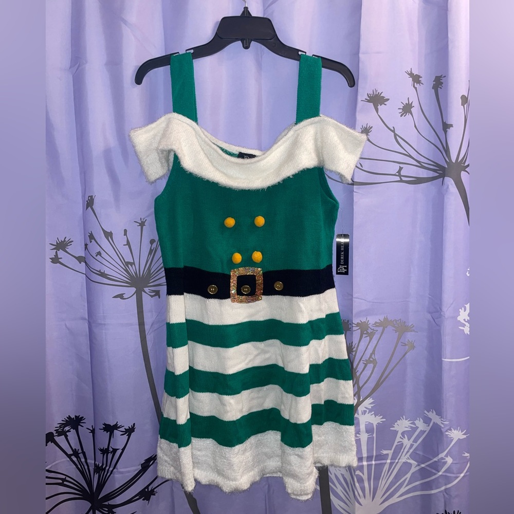 Ugly CHRISTMAS Sweater Dress XL Elf Santa NEW Green Belt Striped Sexy Shoulder G